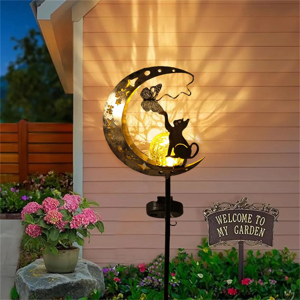 1PC Cat Moon Solar Lamp Outdoor, Iron Solar-Powered Garden Light with Auto On/Off, Waterproof for Yard/Patio Decor