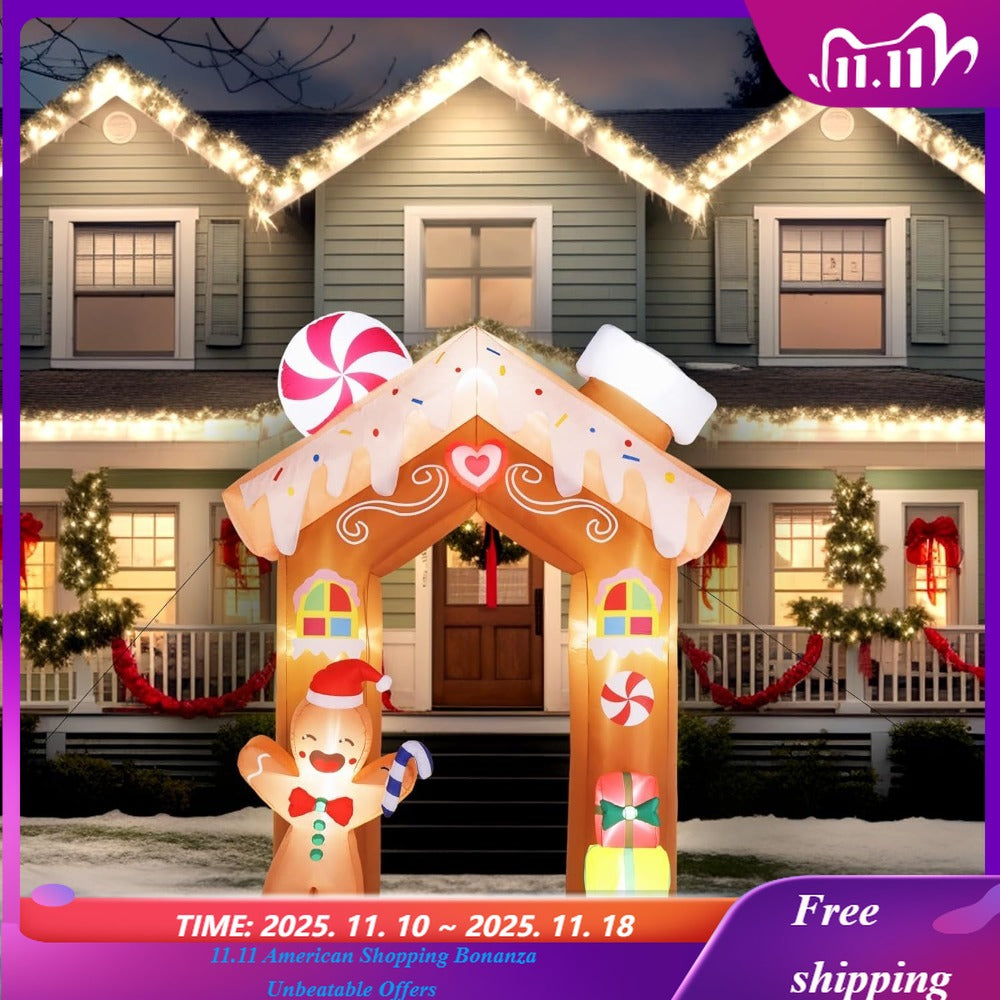 8ft Tall Christmas Gingerbread Archway Inflatable, Blow Up Yard Decoration with Secure Stakes Storage Bag,