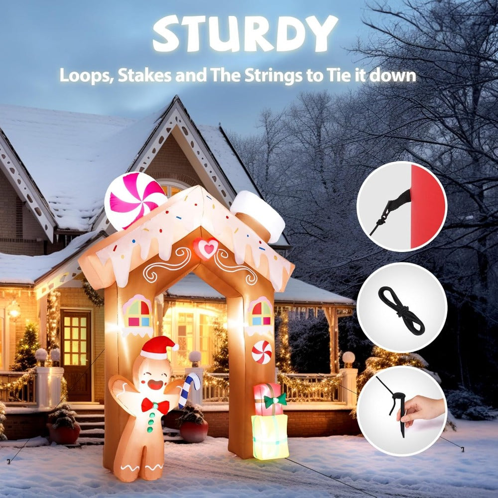 8ft Tall Christmas Gingerbread Archway Inflatable, Blow Up Yard Decoration with Secure Stakes Storage Bag,