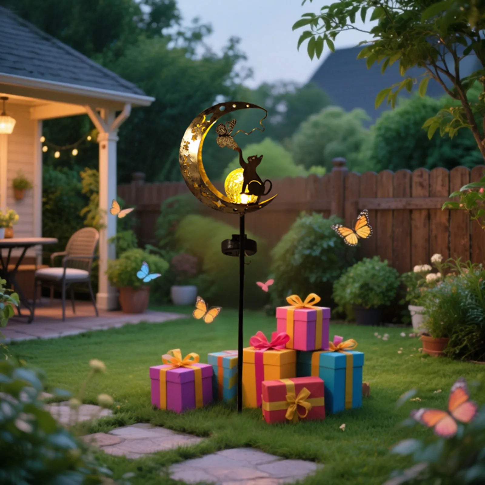 1PC Cat Moon Solar Lamp Outdoor, Iron Solar-Powered Garden Light with Auto On/Off, Waterproof for Yard/Patio Decor