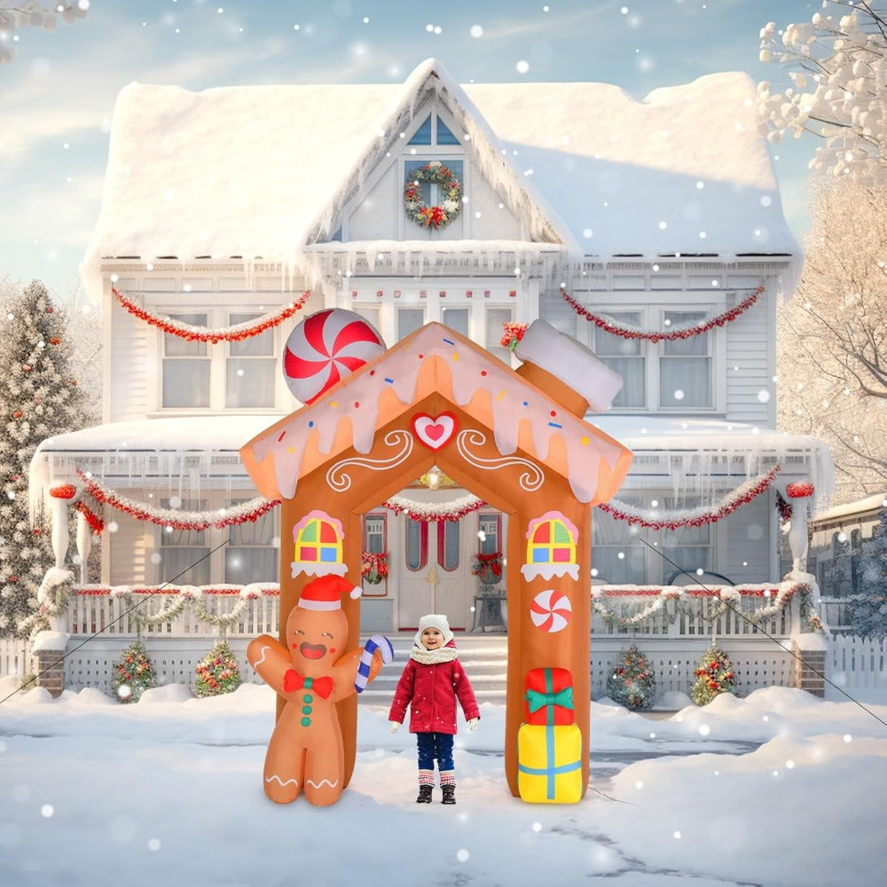 8ft Tall Christmas Gingerbread Archway Inflatable, Blow Up Yard Decoration with Secure Stakes Storage Bag,