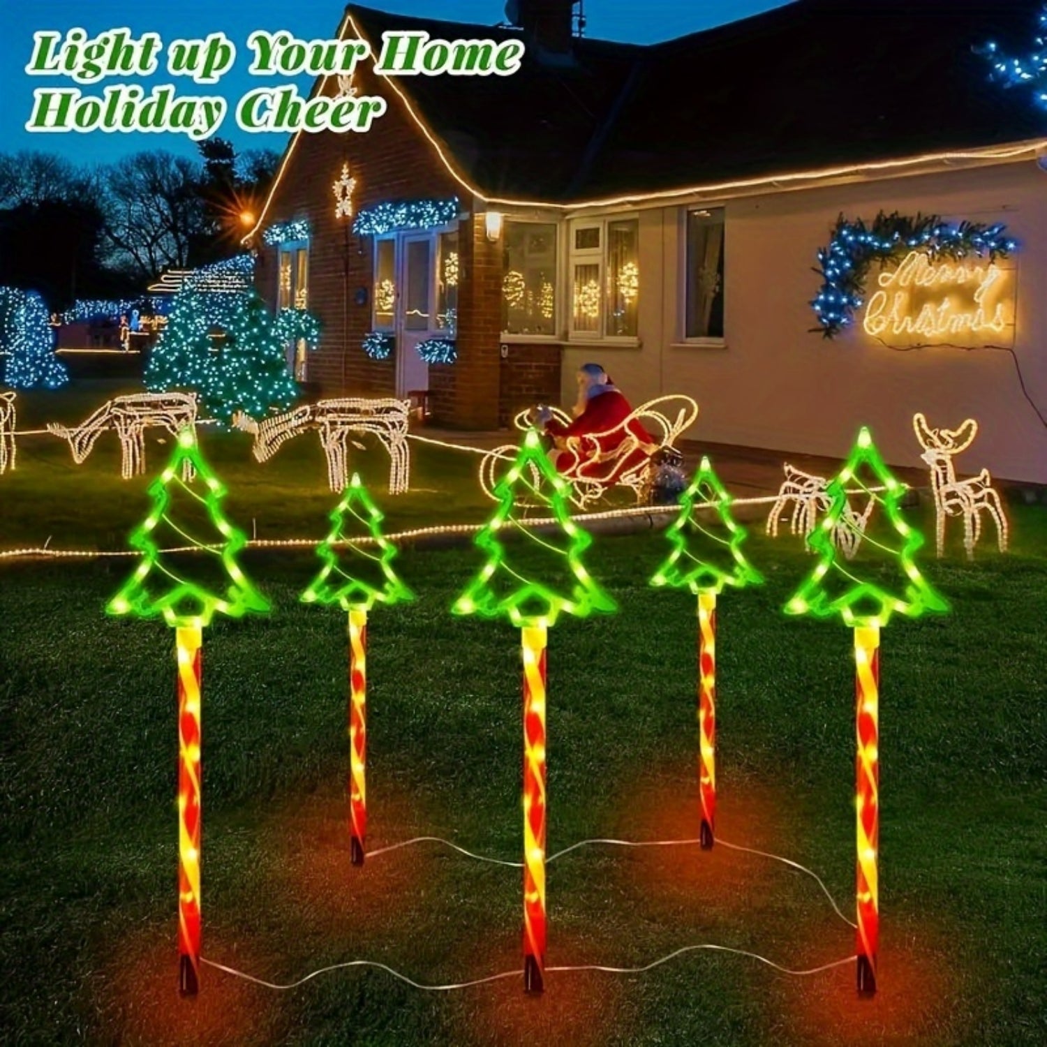 Solar-Powered LED Christmas Tree Lights - 5-in-1 Green Decorative String Lights with 8 Flashing Modes