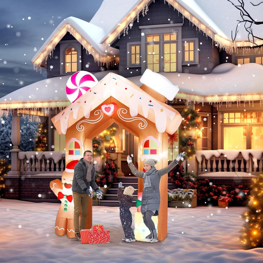8ft Tall Christmas Gingerbread Archway Inflatable, Blow Up Yard Decoration with Secure Stakes Storage Bag,