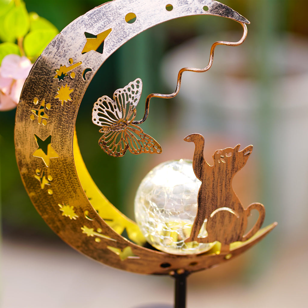 1PC Cat Moon Solar Lamp Outdoor, Iron Solar-Powered Garden Light with Auto On/Off, Waterproof for Yard/Patio Decor