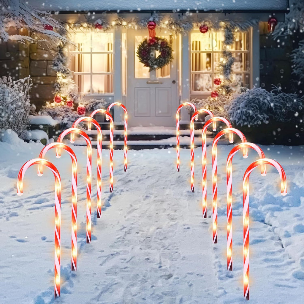 JOYFY 16" Christmas Candy Cane Pathway Markers Lights Set of 12 with Warm White for Xmas Indoor and Outdoor Decorations