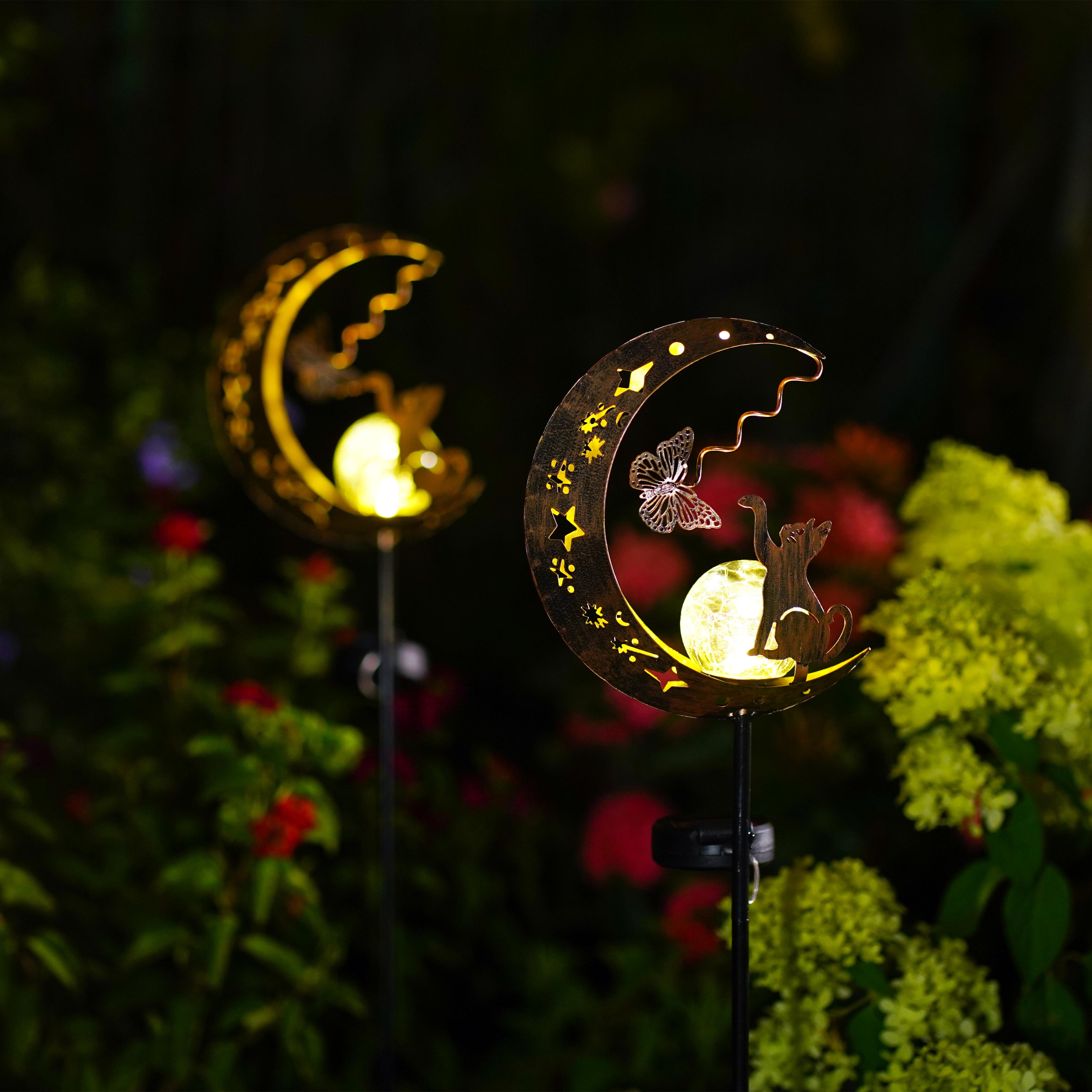 1PC Cat Moon Solar Lamp Outdoor, Iron Solar-Powered Garden Light with Auto On/Off, Waterproof for Yard/Patio Decor