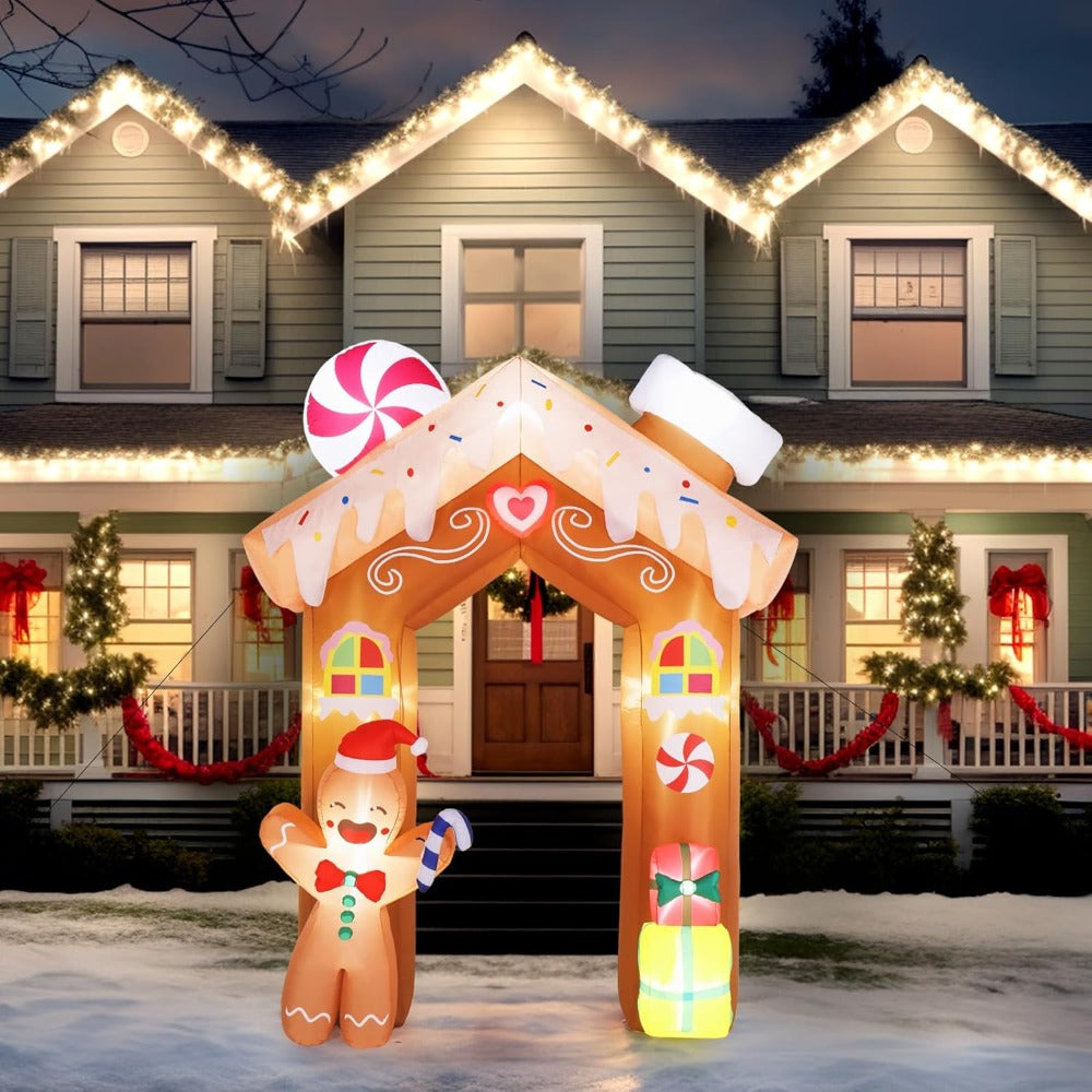 8ft Tall Christmas Gingerbread Archway Inflatable, Blow Up Yard Decoration with Secure Stakes Storage Bag,