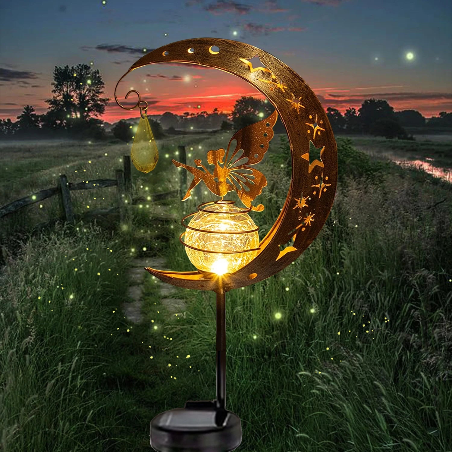 1PC Cat Moon Solar Lamp Outdoor, Iron Solar-Powered Garden Light with Auto On/Off, Waterproof for Yard/Patio Decor